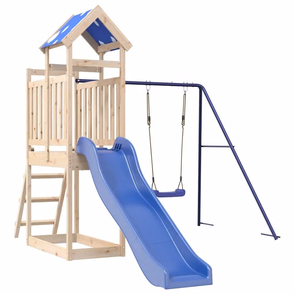 vidaXL Set da Gioco da Esterno con Torre, Scivolo, Altalena, Sabbiera e Tenda in Legno Massello di Pino Multicolore L/P/H: 304 x 242 x 215 cm – 2