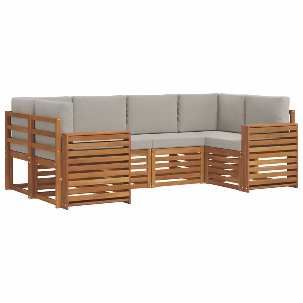 Set di divani da esterno a L vidaXL in legno di acacia con cuscini grigi, composto da 6 pezzi – 2