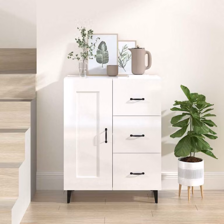 Credenza sospesa vidaXL in legno e metallo bianco lucido L 69,5 cm, P 34 cm, H 90 cm