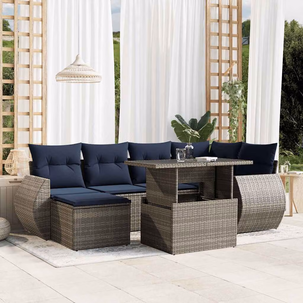Set da giardino vidaXL in polyrattan grigio composto da 7 pezzi con cuscini e tavolino