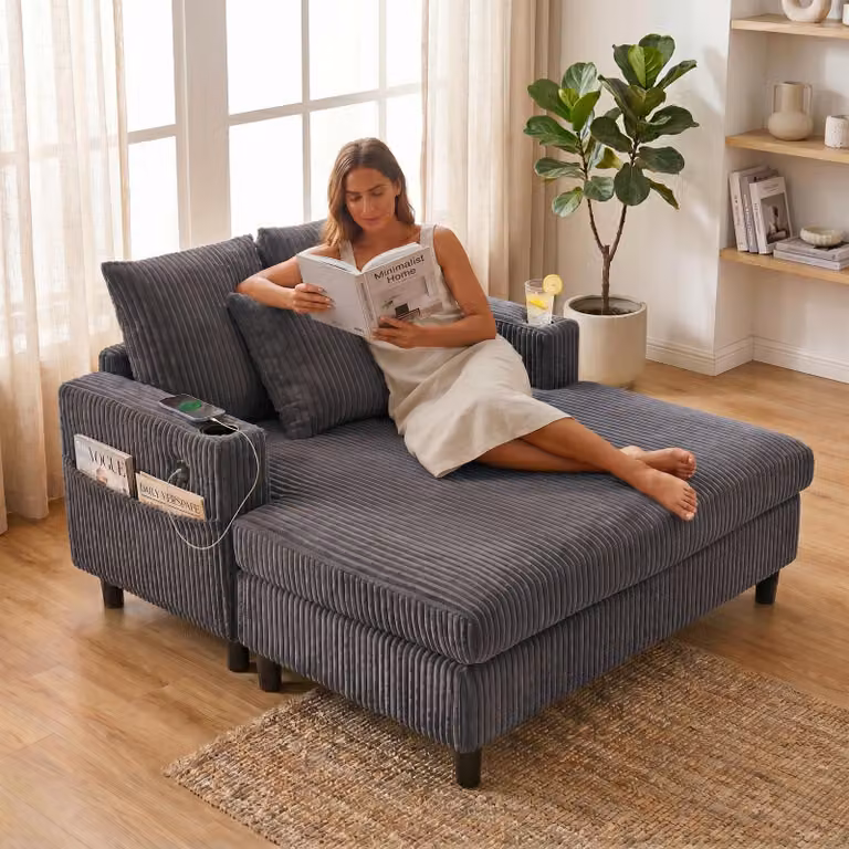 Divano letto LVHOM con LED e USB, poltrona in tessuto a coste, divano lounge con tasche laterali e portabicchieri, portata 350 kg, 128x85x142 cm, grigio scuro