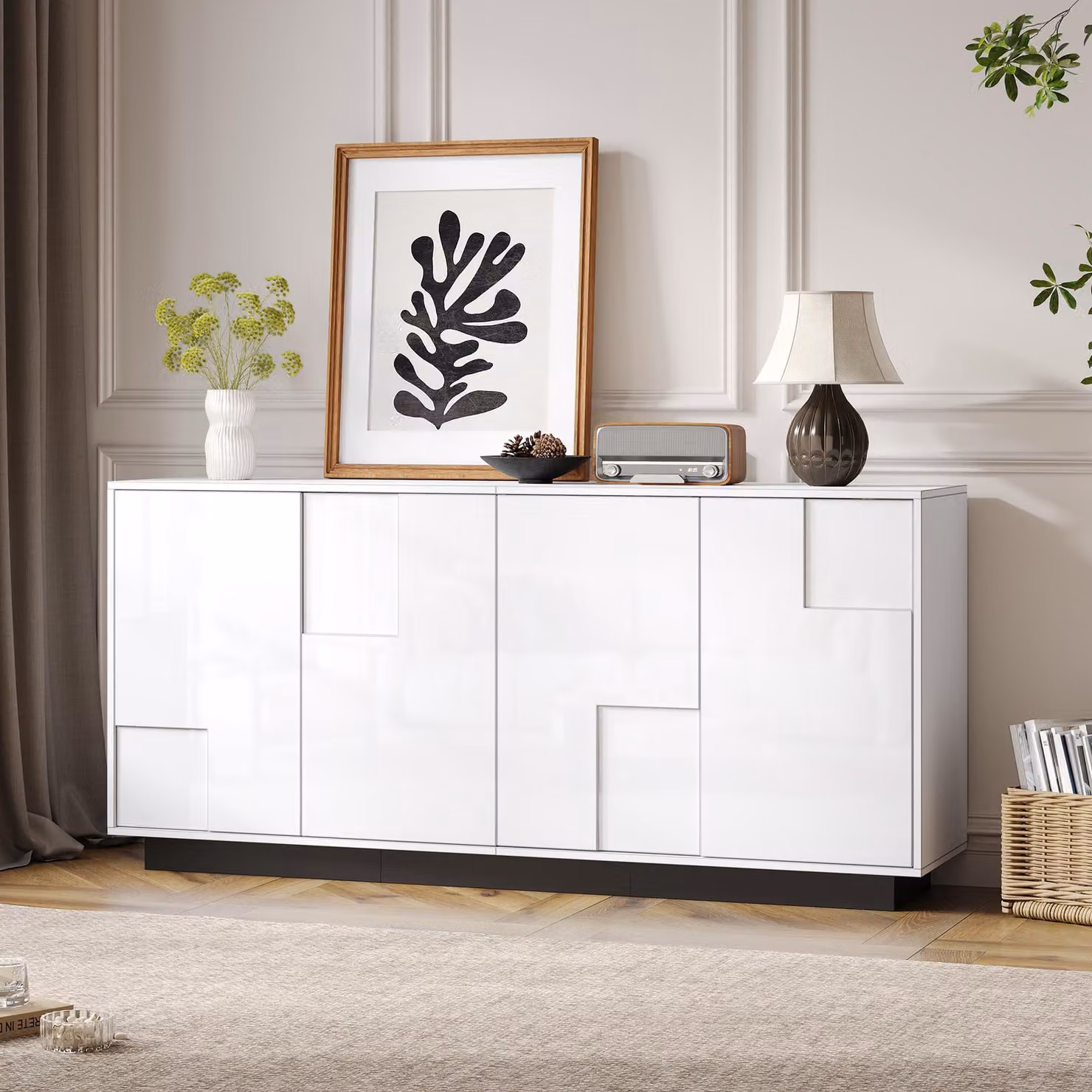 Mobile contenitore, bianco e nero, 4 ante, design geometrico, 160 cm
