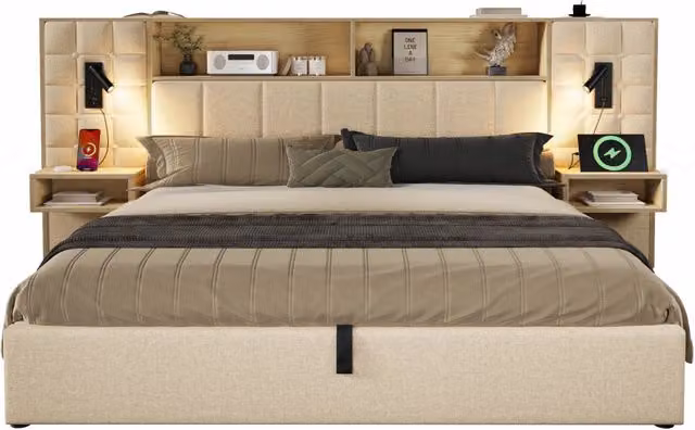Letto matrimoniale 160x200 cm con contenitore idraulico; LED; USB-C e comodini; beige