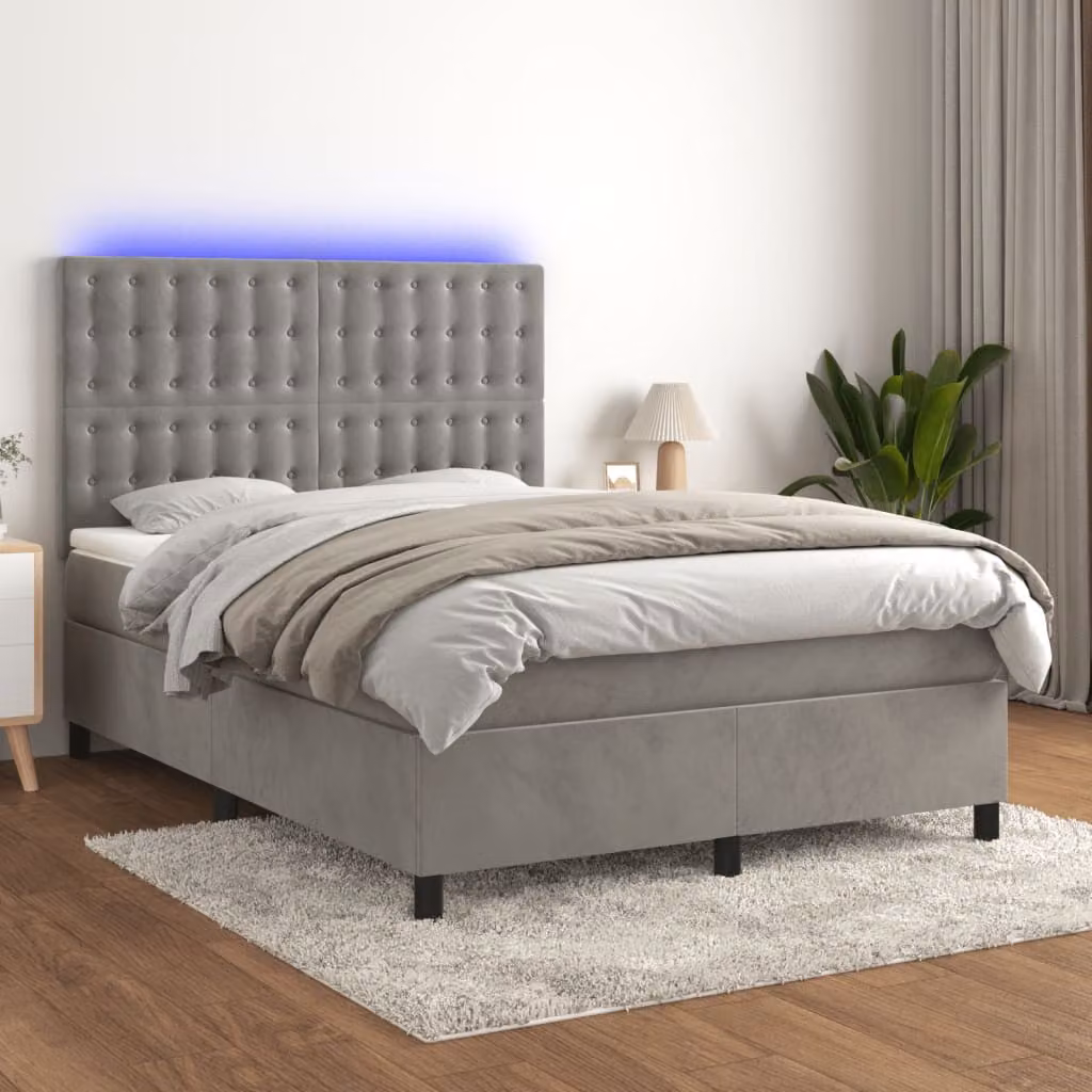 Letto Ibrido vidaXL in Velluto Grigio con Illuminazione LED e Porte USB, L/P: 140 x 190 cm – 1