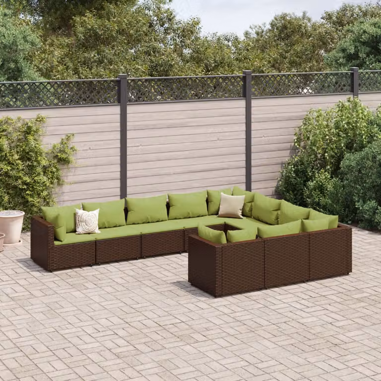 vidaXL Set Divani da Giardino a Forma di L con Cuscini, Struttura in Metallo e Polyrattan, Marrone e Verde