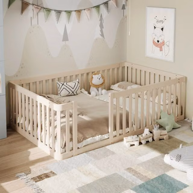 Letto in legno con recinzione - Zephmum - 90x200 - Crema