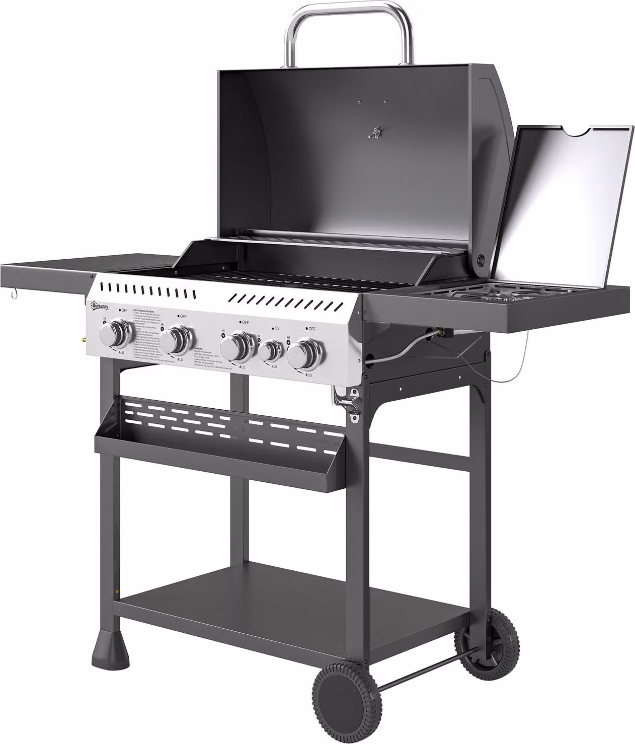 Grill a gas 12 KW 4+1 fuochi Carrello per barbecue in acciaio inox con fornello laterale termometro griglia griglia piano cottura apribottiglie ripiani laterali grill a gas per balcone campeggio 135 x 55 x 103 cm |