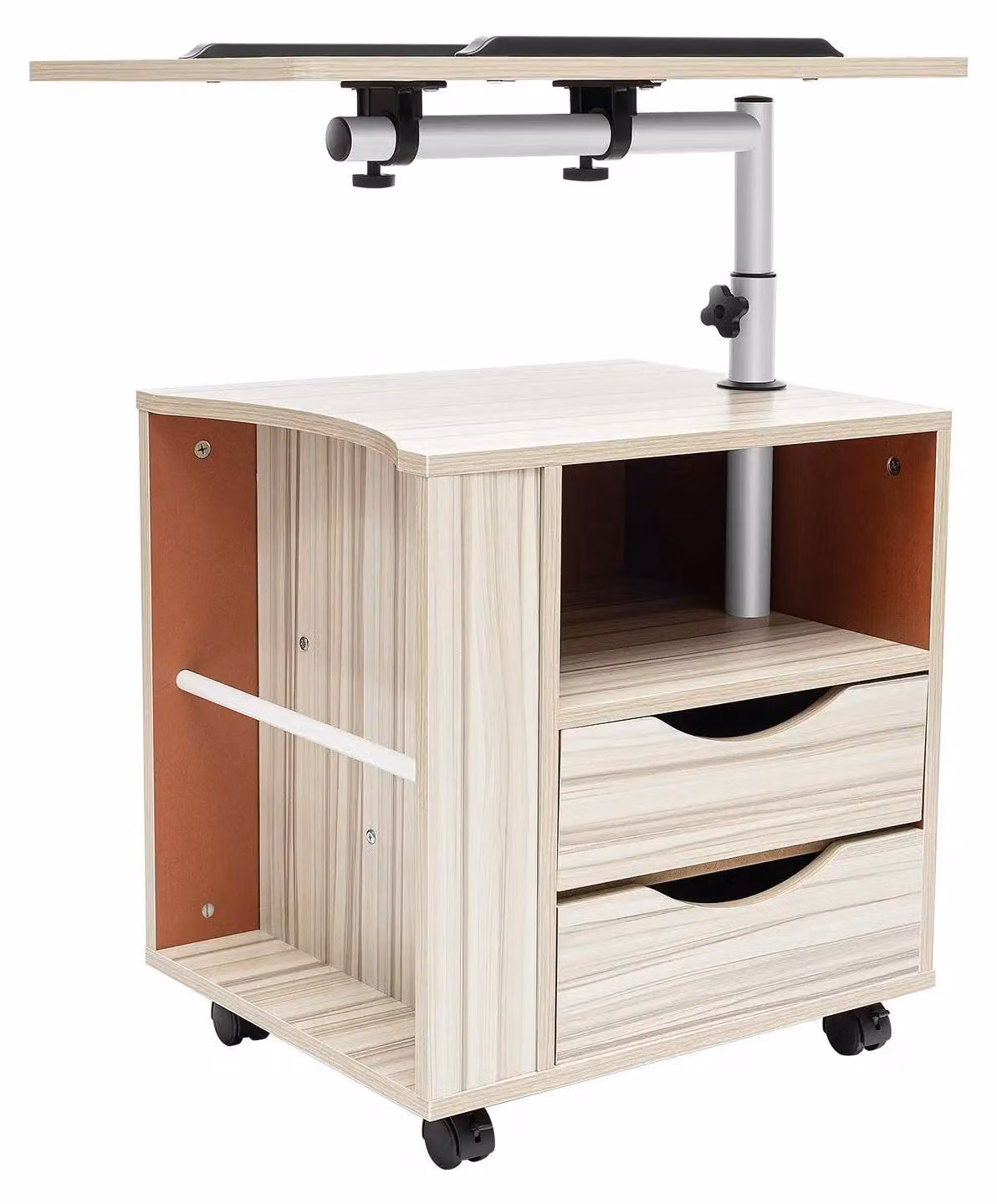Tavolino da notte girevole - Scrivania regolabile in altezza per laptop con spazio contenitivo - Piano girevole a 360° - Inclinazione di 180° - Altezza regolabile da 70 a 90 cm - Piano: 60x40 cm, mobiletto: 50x40x46 cm - Materiali: MDF e acciaio - Colore:
