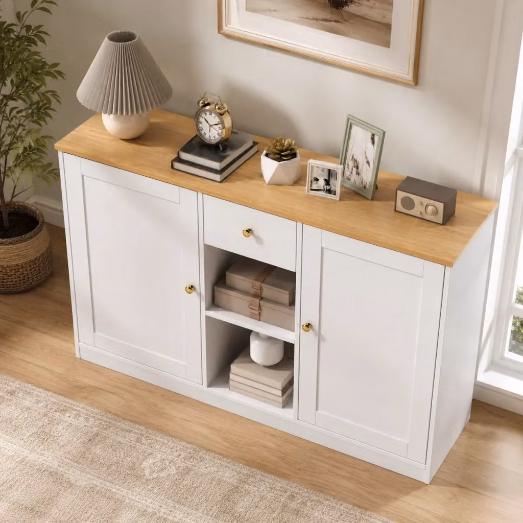Credenza moderna bianca con cassetto, 2 ante e 2 ripiani aperti L: 120 cm, P: 35 cm, H: 75.2 cm – 2
