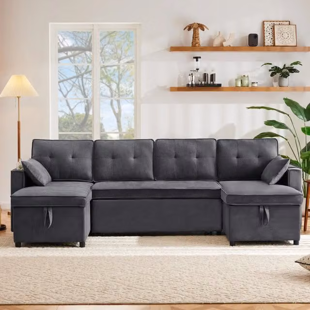 Divano letto con funzione di sonno - Zephmum - Tessuti in cotone e lino, porta-bevande, spazi di archiviazione