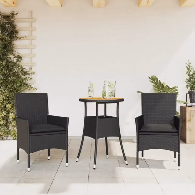 Set Pranzo da Giardino vidaXL in Polyrattan e Legno di Acacia Nero con 3 Cuscini