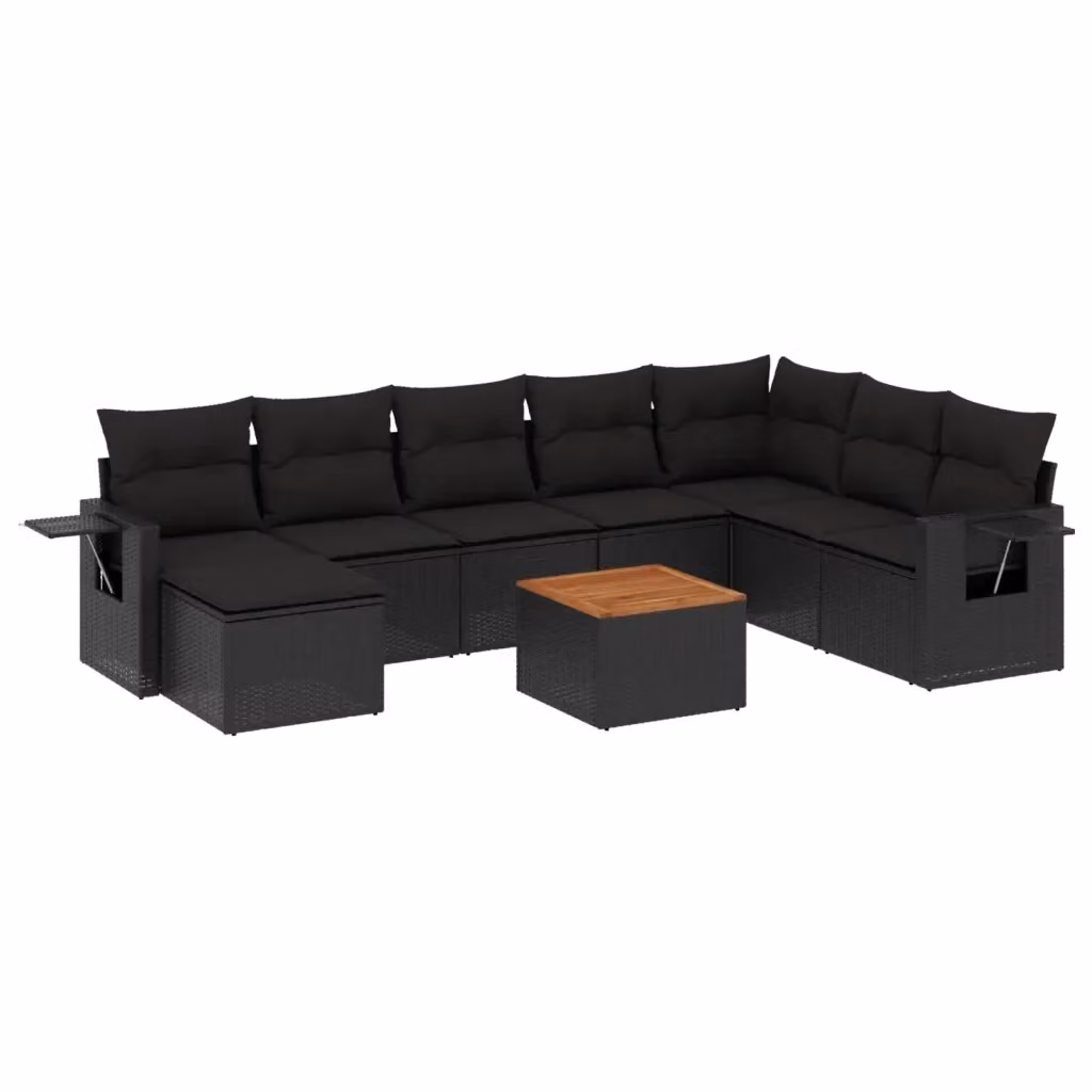 vidaXL Set Divani da Giardino 9 pz in Polyrattan Nero con Cuscini e Tavolino da Esterno – 2