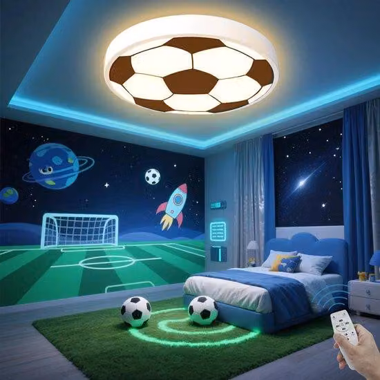 Lampada da soffitto a LED per bambini Unyqoos®, con motivo calcistico, 48 W, dimmerabile dal 10% al 100% con telecomando, a basso consumo energetico, diametro 40 cm, ideale per camerette