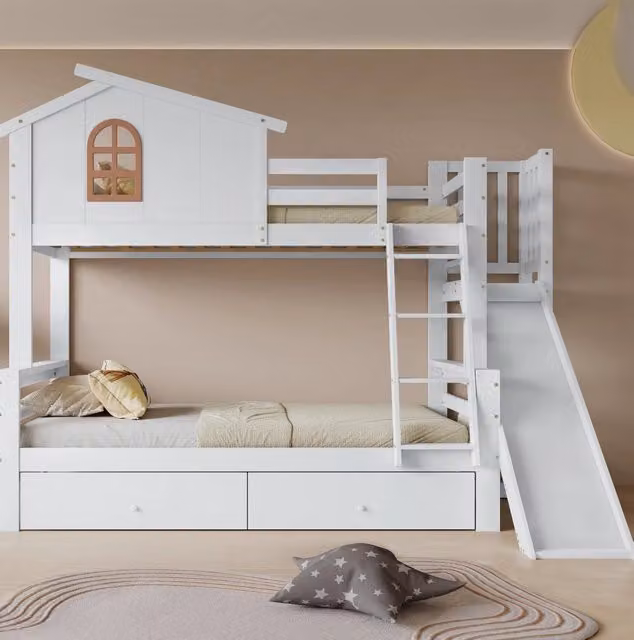 Letto a castello ULEVR 90x200 e 120x200 cm con scivolo, 2 cassetti e scala inclinata a 4 gradini, bianco