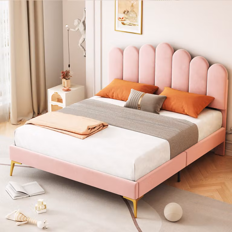 Letto imbottito Flieks 140x200cm con rete a doghe, letto per ragazzi letto matrimoniale con testiera a forma di steccato, letto per bambini letto in legno letto classico, velluto, rosa