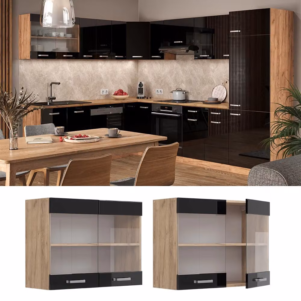 Pensile da cucina moderno Vicco R-Line con ante in vetro, Nero lucido e Rovere, L: 80 cm, H: 60 cm, P: 31 cm – 2