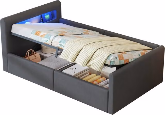Letto 90x200 cm - Letto imbottito,Con luce notturna,Porta di ricarica USB,Con vani portaoggetti,Velluto,Funzione di accumulo idraulico,Grigio scuro