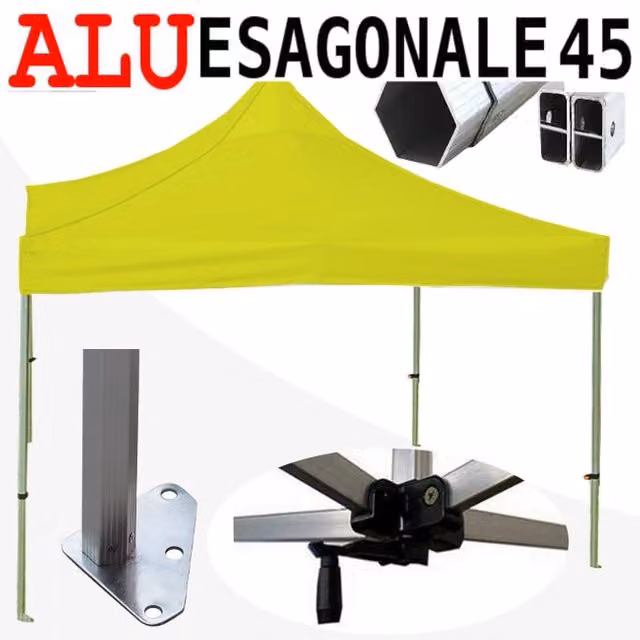 Gazebo 3x3 m giallo SENZA laterali pieghevole alluminio piantone esagonale 45mm portatile estendibile richiudibile estensibile acciaio per fiere eventi stand chiosco tenda tendone mercato mercatino
