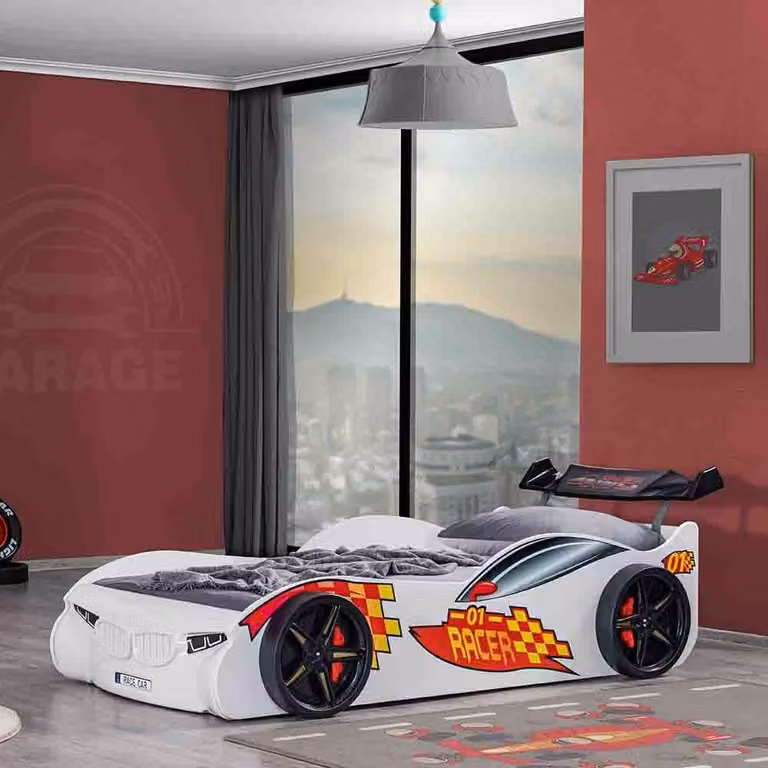 Letto a forma di auto bianco Letto per bambini di design Letti in plastica Letto a forma di auto da corsa