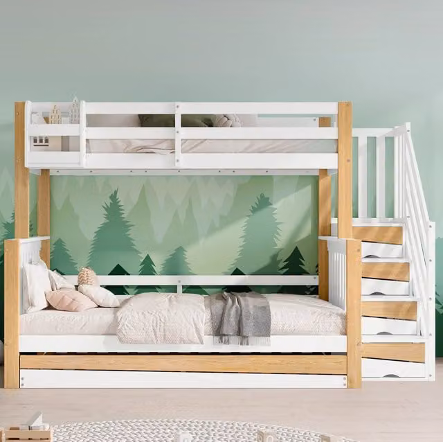 Letto a castello per bambini con letto estraibile; scala contenitore; bianco e naturale; 120x200 cm