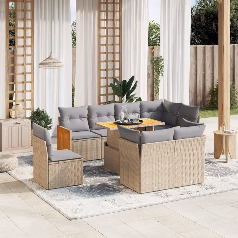 vidaXL Set Divano da Giardino 9 pz in Polyrattan Beige con Cuscini e Tavolino da Esterno