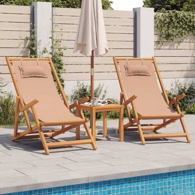 Set di 2 sedie pieghevoli vidaXL in legno oliato e tessuto beige per giardino e balcone – 1