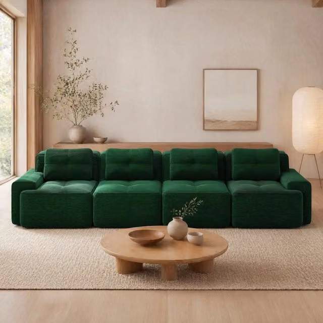 Divano modulare a seduta profonda 74 cm in velluto a coste verde HOMVRA