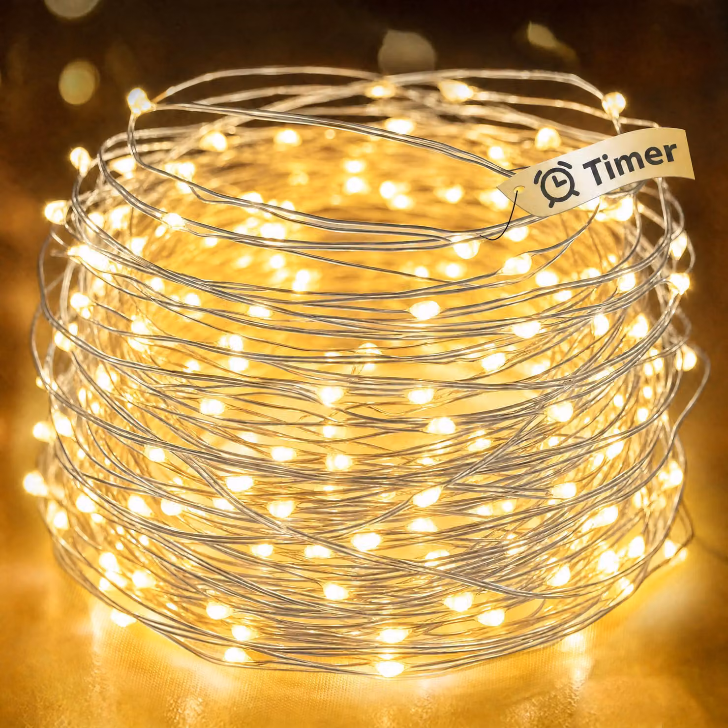 Catena luminosa con timer, 10 metri, luce bianca calda, 100 LED, senza batterie