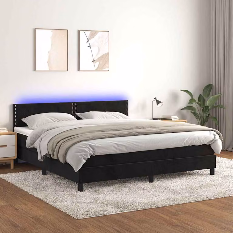 Letto Ibrido vidaXL con Materasso e Illuminazione LED in Velluto Nero L/P: 180 x 200 cm