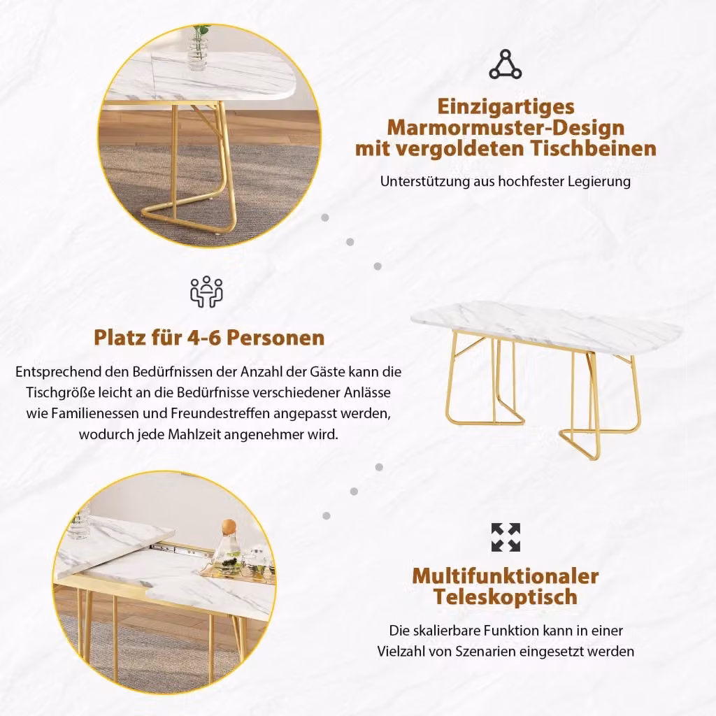 Tavolo da pranzo allungabile REDOM moderno in MDF con effetto marmo bianco e dettagli oro, L: 140/180 cm x P: 80 cm – 2