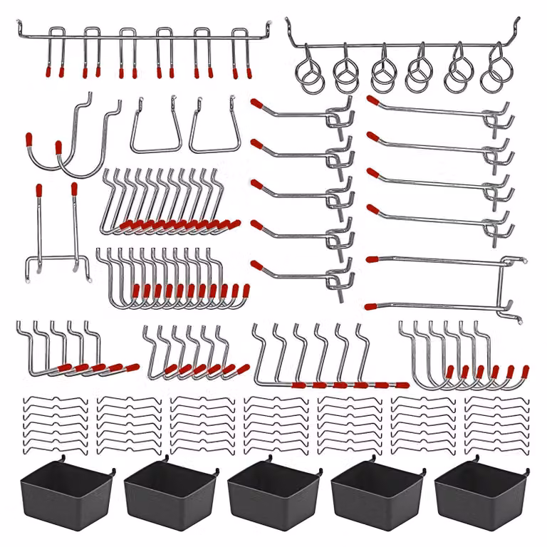 Set assortito da 114 pezzi di ganci in metallo per pannelli forati - Kit - PEG - Ganci per applicazioni sospese