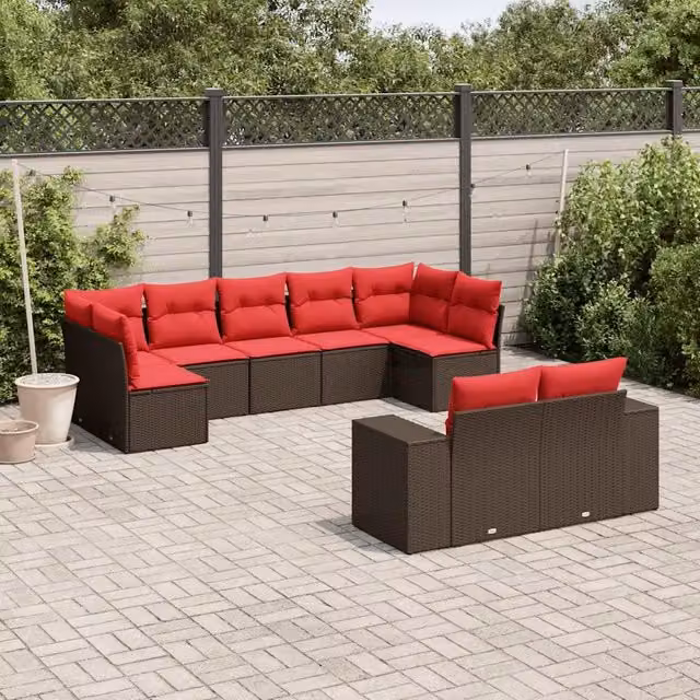Set Divani da Giardino 9 pz con Cuscini Marrone in Polyrattan 3223023