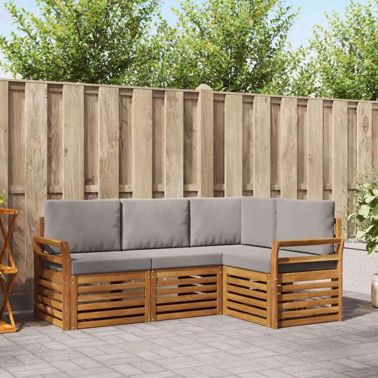 Set di divani da esterno a L vidaXL in legno di acacia con cuscini, 4 pezzi, Grigio Chiaro e Naturale