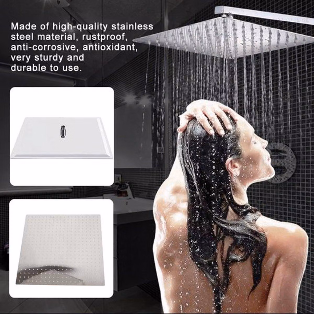 Quadrato da 50 x 50 cm - Acciaio inossidabile - A risparmio idrico - Autopulente - Regolabile - Braccio doccia