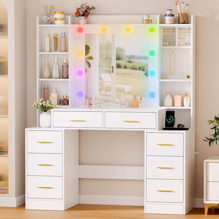 Comò da trucco con illuminazione a LED, ampio specchio, luminosità regolabile, stazione di ricarica USB, ripiani regolabili e un grande cassetto