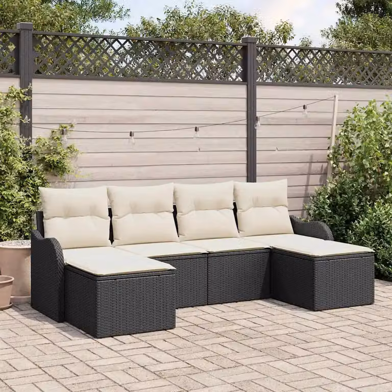Set Divano da Giardino a L vidaXL 6 pz Nero con Cuscini e Ottoman in Polyrattan e Acciaio