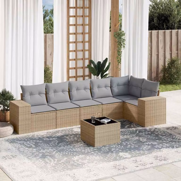 vidaXL Set Divani da Giardino 7 pz a Forma a L in Polyrattan con Cuscini Beige e Grigio