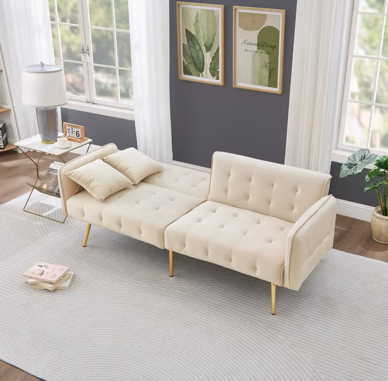 Divano letto a due posti, dimensioni 178x82x70 cm, rivestito in velluto, con schienale e braccioli regolabili, ideale per il soggiorno