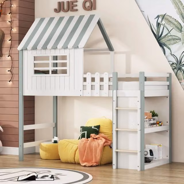 Letto per bambini con tetto; sponda di sicurezza e scala; legno; verde