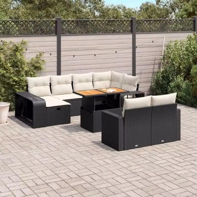 vidaXL Set Divani da Giardino 11 pz in Polyrattan Nero con Cuscini e Tavolino da Esterno