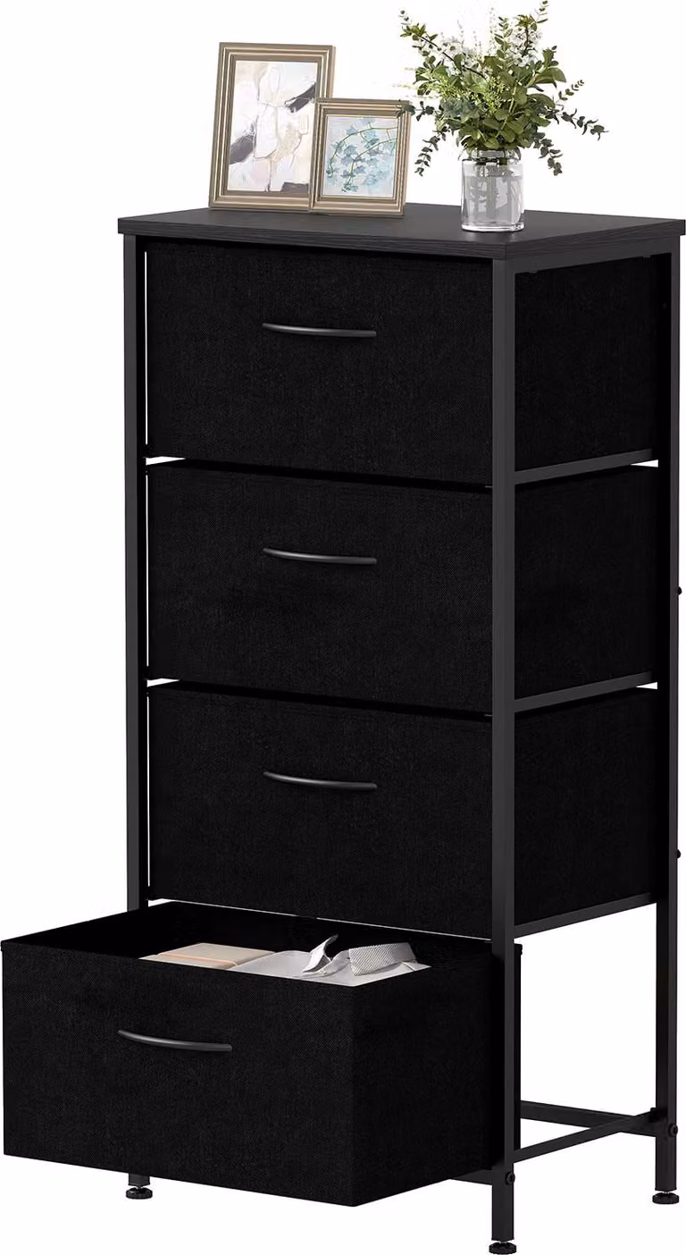COSTWAY Cassettiera con 4 cassetti in tessuto, cassettiera con piano in legno e struttura in metallo, cassettiera, credenza, mobile contenitore, nero