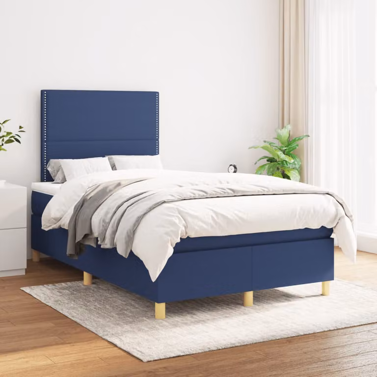 vidaXL Giroletto a Molle con Materasso in Tessuto Blu e Bianco, L/P: 120 x 200 cm