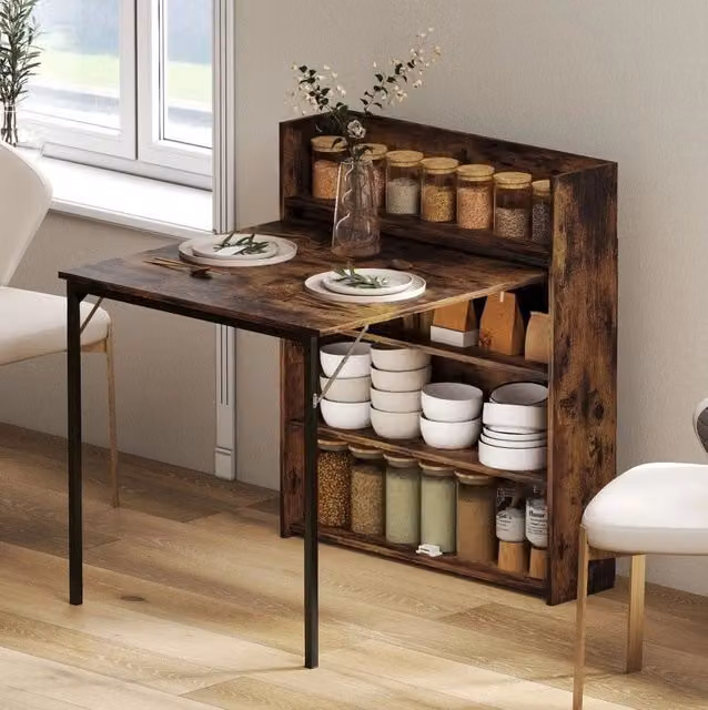 Tavolo da Pranzo Pieghevole con Scaffale in Stile Industriale, 80x90x93 cm, Marrone Rustico