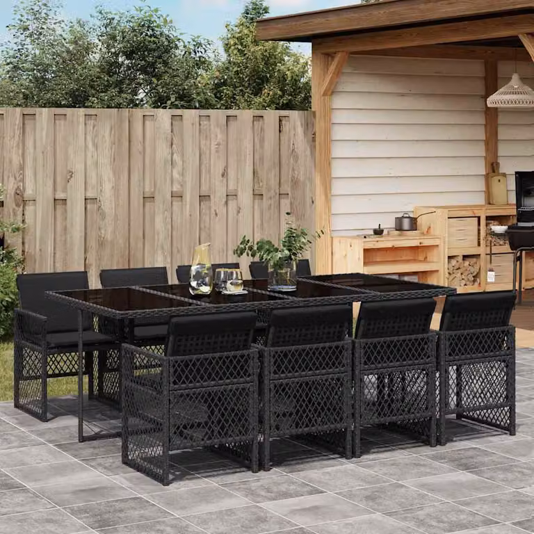 Set da Pranzo da Giardino vidaXL in Polyrattan Nero con Cuscini e Tavolo in Vetro, 9 Pezzi