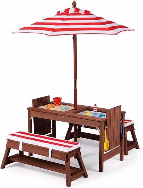 Set tavolo da picnic per bambini in legno di pino rosso con ombrellone regolabile in altezza per giardino e esterno