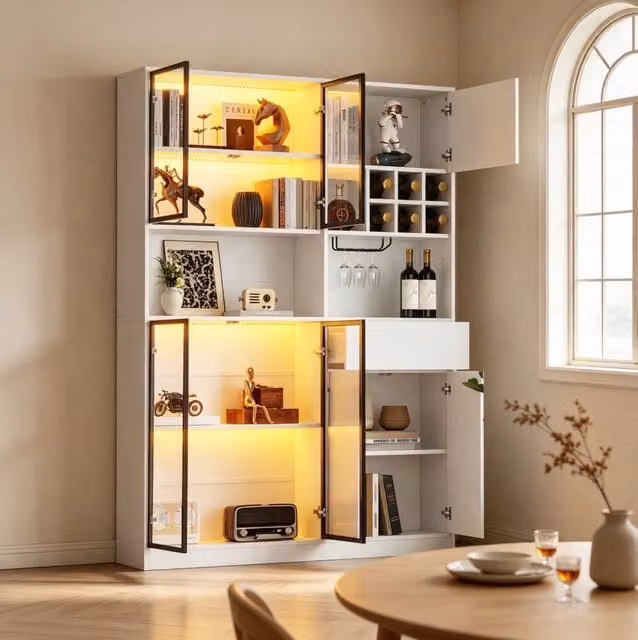 Vetrina freestanding con 7 ante; cassetto; LED Bluetooth e portabicchieri; 140×30×200 cm; bianca