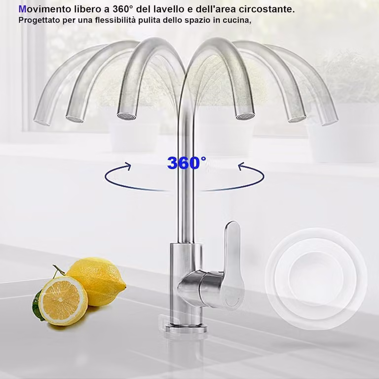 Miscelatore per lavello da cucina a 360°, adatto per lavelli doppi, in acciaio inossidabile, monocomando, a risparmio idrico, per cucina