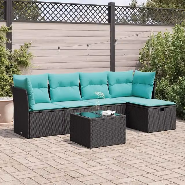 Set Divano da Giardino a L vidaXL con 6 Pezzi, Tavolino e Cuscini, Colore Nero e Blu Turchese – 1