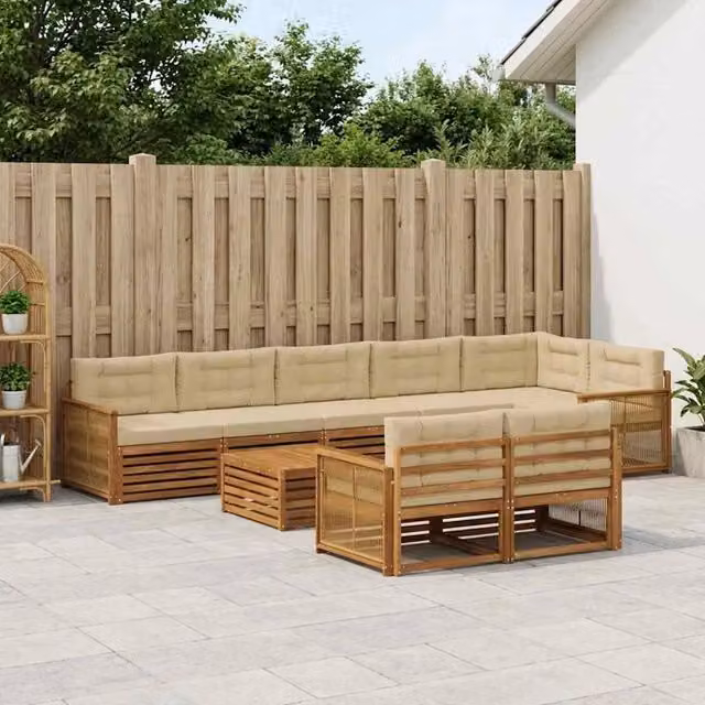 Set di divani da esterno a forma di U vidaXL in legno di acacia con cuscini beige – 1
