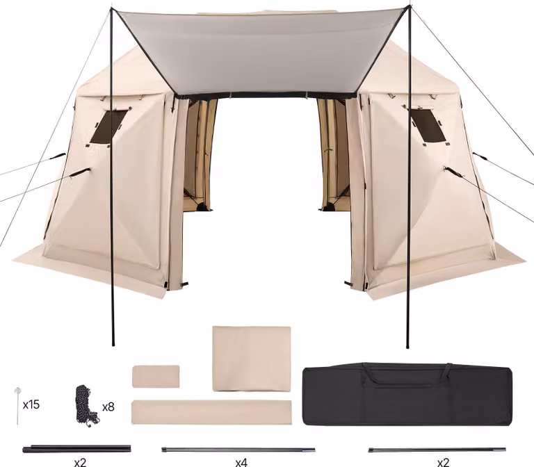 SucceBuy padiglione pop-up, 4,57 x 4,57 m, tenda da campeggio sferica con tetto rimovibile e borsa per il trasporto, ventilazione a 360°, protezione solare, adatta per 12-15 persone, beige